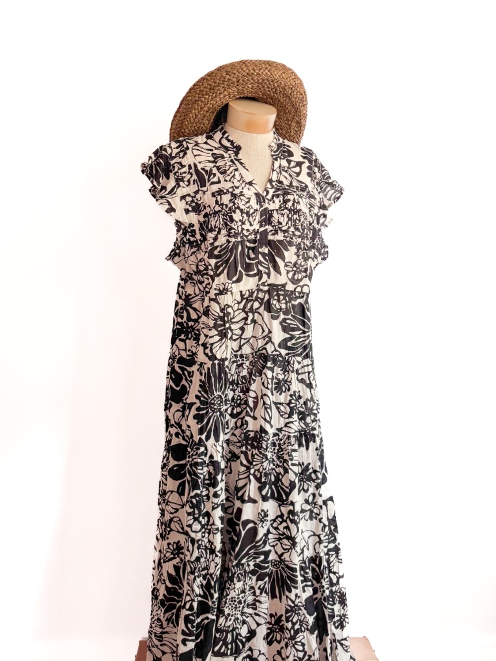 SUNDANCE Black & White Cotton Floral Tiered Maxi Dress w/ Pockets Sz. XL NEW NWT